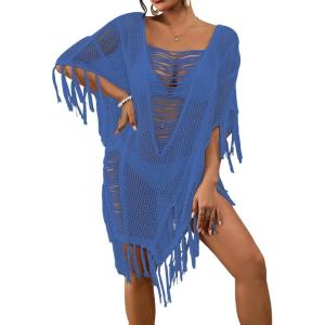 imageBsubseach Sheer Beach Cover Ups for Women Swimwear Fringe Hollow Out Swimsuit Coverup Sexy Beach Bathing Suit Cover UpDark Blue