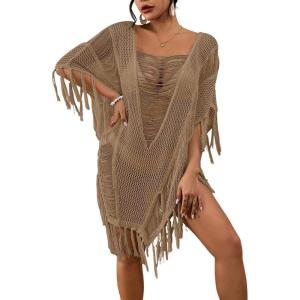 imageBsubseach Sheer Beach Cover Ups for Women Swimwear Fringe Hollow Out Swimsuit Coverup Sexy Beach Bathing Suit Cover UpKhaki