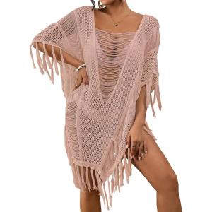 imageBsubseach Sheer Beach Cover Ups for Women Swimwear Fringe Hollow Out Swimsuit Coverup Sexy Beach Bathing Suit Cover UpPink
