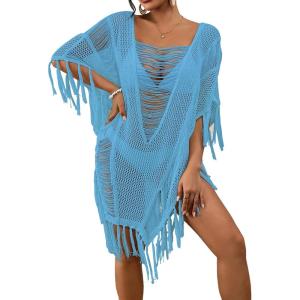 imageBsubseach Sheer Beach Cover Ups for Women Swimwear Fringe Hollow Out Swimsuit Coverup Sexy Beach Bathing Suit Cover UpSky Blue