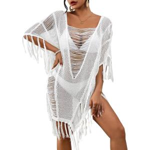 imageBsubseach Sheer Beach Cover Ups for Women Swimwear Fringe Hollow Out Swimsuit Coverup Sexy Beach Bathing Suit Cover UpWhite