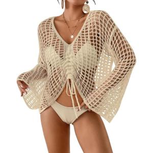 imageBsubseach Women Crochet Swim Cover Up Long Sleeve Beach Cover Up Bathing Suits Knit Drawstring Ruched CropApricot