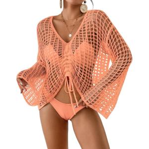 imageBsubseach Women Crochet Swim Cover Up Long Sleeve Beach Cover Up Bathing Suits Knit Drawstring Ruched CropOrange