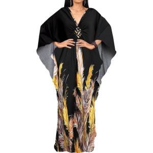 imageBsubseach Women Ethnic Print Kaftan Beach Dress Plus Size Swimsuit Cover UpBlack Feather