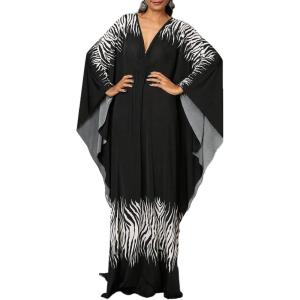 imageBsubseach Women Ethnic Print Kaftan Beach Dress Plus Size Swimsuit Cover UpBlack White