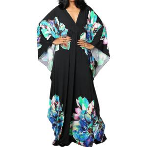 imageBsubseach Women Ethnic Print Kaftan Beach Dress Plus Size Swimsuit Cover UpBlue Peony