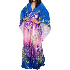 imageBsubseach Women Ethnic Print Kaftan Beach Dress Plus Size Swimsuit Cover UpBlue Pink Floral