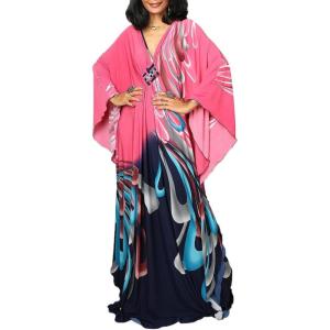 imageBsubseach Women Ethnic Print Kaftan Beach Dress Plus Size Swimsuit Cover UpBlue Pink Flower