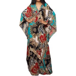 imageBsubseach Women Ethnic Print Kaftan Beach Dress Plus Size Swimsuit Cover UpBlue Red Chain