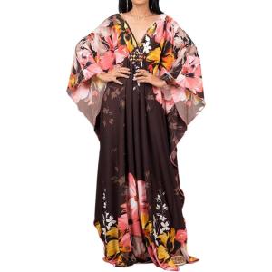 imageBsubseach Women Ethnic Print Kaftan Beach Dress Plus Size Swimsuit Cover UpBrown Flower