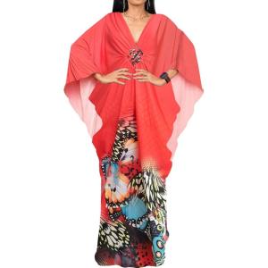 imageBsubseach Women Ethnic Print Kaftan Beach Dress Plus Size Swimsuit Cover UpButterfly Red