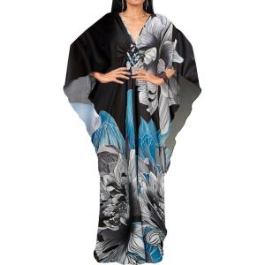 imageBsubseach Women Ethnic Print Kaftan Beach Dress Plus Size Swimsuit Cover UpGrey Blue Print