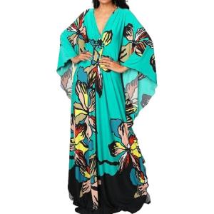 imageBsubseach Women Ethnic Print Kaftan Beach Dress Plus Size Swimsuit Cover UpLake Green Floral