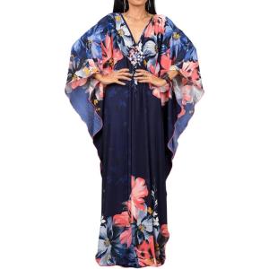 imageBsubseach Women Ethnic Print Kaftan Beach Dress Plus Size Swimsuit Cover UpNavy Flower