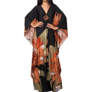 imageBsubseach Women Ethnic Print Kaftan Beach Dress Plus Size Swimsuit Cover UpOrange Green Flower