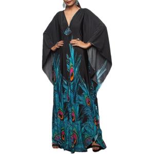imageBsubseach Women Ethnic Print Kaftan Beach Dress Plus Size Swimsuit Cover UpPeacock Print