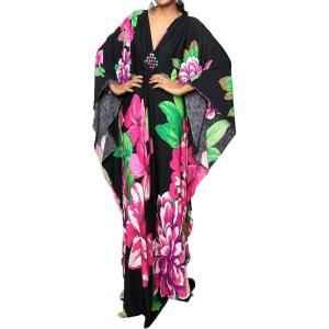 imageBsubseach Women Ethnic Print Kaftan Beach Dress Plus Size Swimsuit Cover UpPink Peony