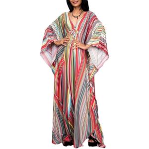 imageBsubseach Women Ethnic Print Kaftan Beach Dress Plus Size Swimsuit Cover UpRainbow Stripe