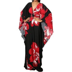 imageBsubseach Women Ethnic Print Kaftan Beach Dress Plus Size Swimsuit Cover UpRed Flower