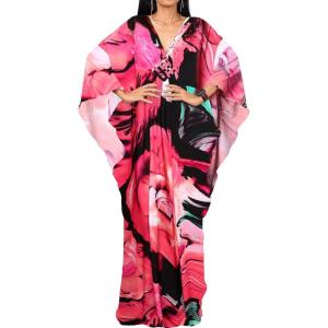 imageBsubseach Women Ethnic Print Kaftan Beach Dress Plus Size Swimsuit Cover UpRose Red Floral