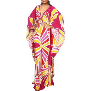 imageBsubseach Women Ethnic Print Kaftan Beach Dress Plus Size Swimsuit Cover UpRose Red Yellow
