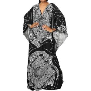 imageBsubseach Women Ethnic Print Kaftan Beach Dress Plus Size Swimsuit Cover UpWhite Striped
