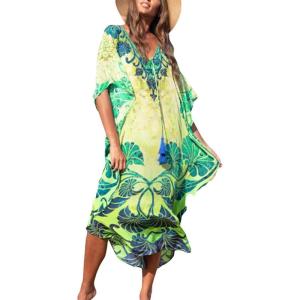 imageBsubseach Women Printed Short Sleeve Beach Kaftan Dress Loose V Neck Bikini Swimsuit Cover Up for Swimwear