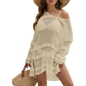 imageBsubseach Women Swimsuit Crochet Swim Cover Up Summer Bathing Suit Swimwear Knit Pullover Beach DressApricot