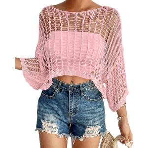 imageBsubseach Womens Bathing Suit Cover Up for Beachwear Vacation Bikini Crochet Coverup TopPink