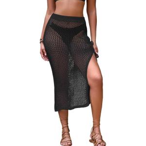 imageBsubseach Womens Swimsuit Crochet Skirt Cover Up Knit Drawstring Bikini Wrap Swimwear Side Slit Maxi Beach SkirtsBlack
