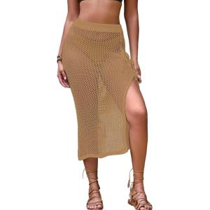 imageBsubseach Womens Swimsuit Crochet Skirt Cover Up Knit Drawstring Bikini Wrap Swimwear Side Slit Maxi Beach SkirtsKhaki