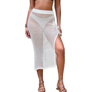 imageBsubseach Womens Swimsuit Crochet Skirt Cover Up Knit Drawstring Bikini Wrap Swimwear Side Slit Maxi Beach SkirtsWhite