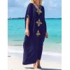 imageBsubseach Gold Embroidery Long Kaftan Dresses V Neck Caftan Dress Beach Cover Ups for Women EmbroideryWdark Blue