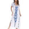 imageBsubseach Swimsuit Cover Ups Embroidery V Neck Short Sleeve Swim Cover Up for Women Kaftan DressesWhite