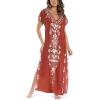 imageBsubseach Swimsuit Cover Ups Embroidery V Neck Short Sleeve Swim Cover Up for Women Kaftan DressesWrust Red Embroidery