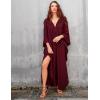 imageBsubseach Women Solid Color Cover Up V Neck Batwing Sleeve Plus Size Beach Kaftan DressesFdark Red