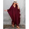 imageBsubseach Women Solid Color Cover Up V Neck Batwing Sleeve Plus Size Beach Kaftan DressesFdark Red
