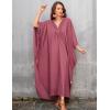 imageBsubseach Women Solid Color Cover Up V Neck Batwing Sleeve Plus Size Beach Kaftan DressesFrose Red