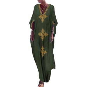 imageBsubseach Gold Embroidery Long Kaftan Dresses V Neck Caftan Dress Beach Cover Ups for Women EmbroideryWarmy Green
