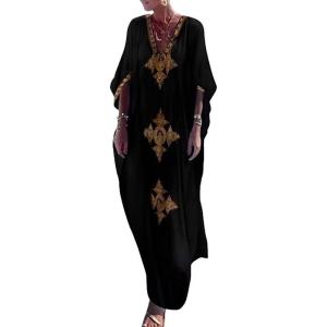 imageBsubseach Gold Embroidery Long Kaftan Dresses V Neck Caftan Dress Beach Cover Ups for Women EmbroideryWblack