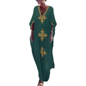 imageBsubseach Gold Embroidery Long Kaftan Dresses V Neck Caftan Dress Beach Cover Ups for Women EmbroideryWblackish Green