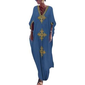 imageBsubseach Gold Embroidery Long Kaftan Dresses V Neck Caftan Dress Beach Cover Ups for Women EmbroideryWblue