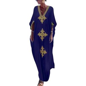 imageBsubseach Gold Embroidery Long Kaftan Dresses V Neck Caftan Dress Beach Cover Ups for Women EmbroideryWdark Blue