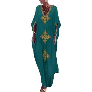 imageBsubseach Gold Embroidery Long Kaftan Dresses V Neck Caftan Dress Beach Cover Ups for Women EmbroideryWpeacock Green