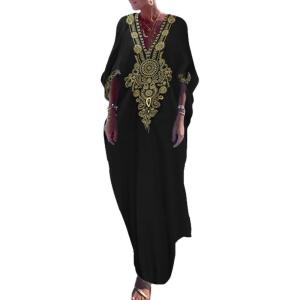 imageBsubseach Gold Embroidery Long Kaftan Dresses V Neck Caftan Dress Beach Cover Ups for Women EmbroideryXblack