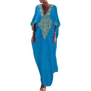 imageBsubseach Gold Embroidery Long Kaftan Dresses V Neck Caftan Dress Beach Cover Ups for Women EmbroideryXcyan