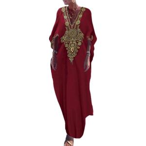 imageBsubseach Gold Embroidery Long Kaftan Dresses V Neck Caftan Dress Beach Cover Ups for Women EmbroideryXmaroon