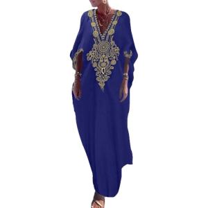 imageBsubseach Gold Embroidery Long Kaftan Dresses V Neck Caftan Dress Beach Cover Ups for Women EmbroideryXnavy Blue