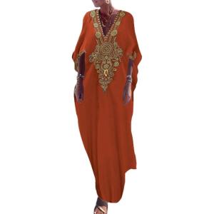 imageBsubseach Gold Embroidery Long Kaftan Dresses V Neck Caftan Dress Beach Cover Ups for Women EmbroideryXrust Red