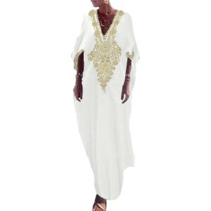 imageBsubseach Gold Embroidery Long Kaftan Dresses V Neck Caftan Dress Beach Cover Ups for Women EmbroideryXwhite